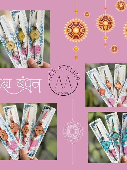 More of my custom resin rakhi designs. This collage includes rakhis with initials and spiritual symbols, offering a personalized way to celebrate Raksha Bandhan.