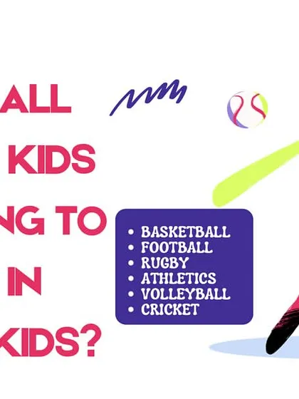 What sports will your kids play at Speedupkids? This graphic lists some of our core offerings, including basketball, football, rugby, athletics, volleyball, and cricket.