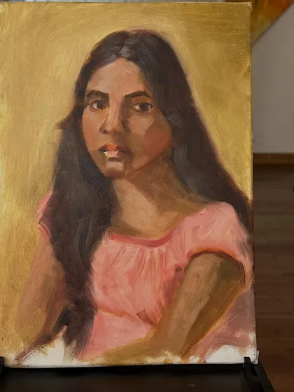 The nearly finished portrait of Simran on the easel. I thoroughly enjoyed the process of painting her live and learning with fellow artists.