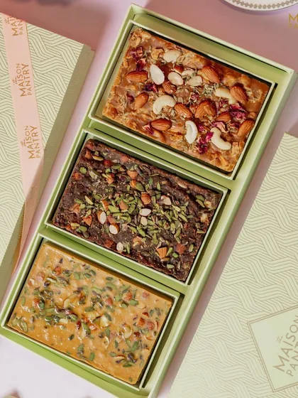 Why choose one when you can have three? This gift box features a selection of my finest mithai bars, including flavors like almond, pistachio, and chocolate, offering a delightful variety for any palate.