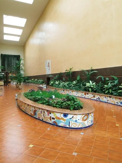 Function becomes art with this ceramic mosaic seating at Yashraj Studios. The colorful patterns complement the studio's creative purpose, turning a simple bench into a piece of storytelling that reflects the vibrancy of the Indian film industry.