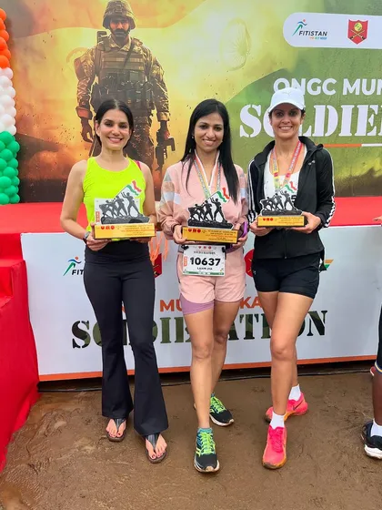 Three strong women on the podium at the ONGC Mumbai Kargil Soldierathon. It's inspiring to see our runners overcome injuries and self-doubt to perform their best on race day.