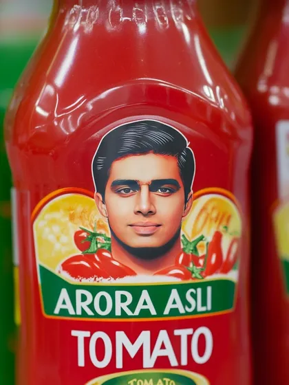 A bottle of 'Arora Asli Tomato' ketchup, another piece from my satirical 'Side-hustles' series. I enjoy creating these absurd brand extensions.