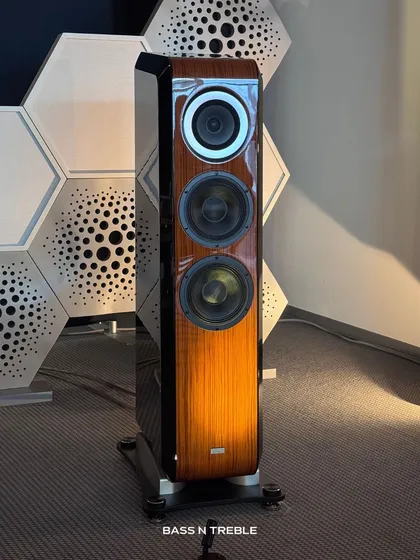 The stunning TAD Labs floor-standing speaker, showcased at the Munich High-End expo. With its beryllium tweeter and wood finish, it's a perfect blend of cutting-edge technology and timeless craftsmanship.