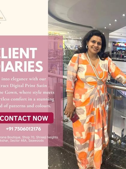 A happy client looking effortlessly elegant in our abstract digital print satin drape gown. This piece is designed for both style and comfort, with a lightweight feel and a striking pattern that makes a statement.