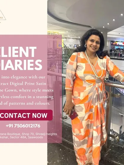A happy client looking effortlessly elegant in our abstract digital print satin drape gown. This piece is designed for both style and comfort, with a lightweight feel and a striking pattern that makes a statement.