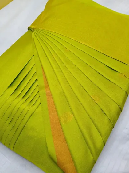 A lime green silk saree, pleated for a perfect drape.