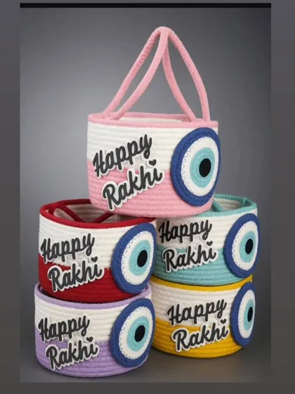 My popular evil-eye themed jute baskets, customized for Rakhi. These come in multiple colors and are a trendy way to gift.