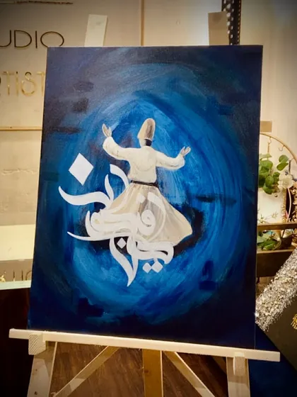 My Sufi-inspired work is very personal. This acrylic painting shows a whirling dervish in a state of spiritual dance, with the powerful words 'Kun Fayakun' ('Be, and it is') integrated into the motion. It captures a moment of pure surrender and creation.