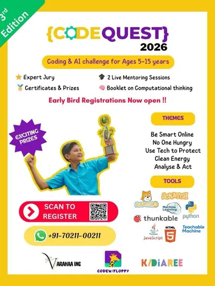 We believe in celebrating young innovators. Our CodeQuest challenge gives kids a platform to apply their coding and AI skills to solve real-world problems, complete with expert mentoring, certificates, and exciting prizes.
