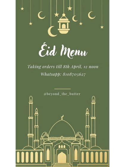 An announcement for my special Eid menu, with details on the order deadline. The design features festive Islamic architecture and celestial motifs.