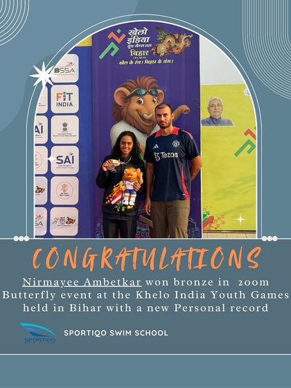 Nirmayee Ambetkar celebrating her bronze medal win and a new personal record in the 200m Butterfly at the Khelo India Youth Games.
