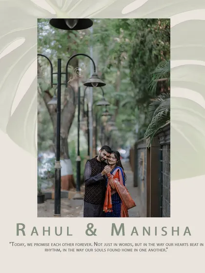An elegant engagement announcement graphic featuring a photo of the couple in a beautiful outdoor setting, perfect for sharing with family and friends.