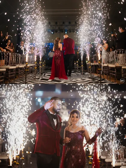A grand entrance through a corridor of cold pyrotechnics. This is how you kick off a Sangeet night with sparkle and drama.