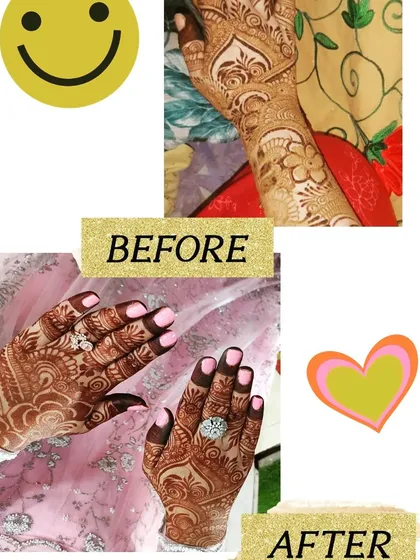 A fun before and after collage showing the fresh henna paste and the final, beautiful dark stain. The transformation is always so satisfying to see.