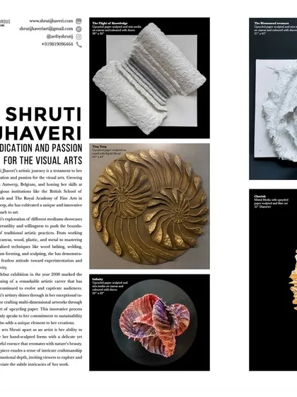 A close-up of the article, titled 'Shruti Jhaveri: Dedication and Passion for the Visual Arts'. The feature discusses my background and my innovative approach to using different mediums.