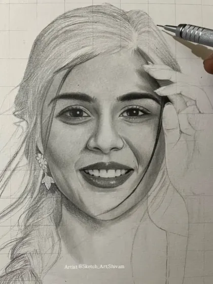 A close-up showing the process of drawing the hair in the Kalyani portrait.