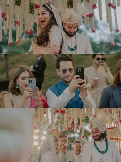 A collage of candid moments from the ceremony, showing the bride's joyful expression and guests capturing the moment on their phones. It’s all part of the story.