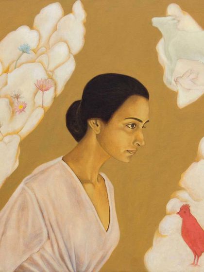 A close-up of a deeply reflective artwork by C.F. John. His paintings often explore themes of spirituality and human connection to nature, characterized by a soft palette and surreal compositions.