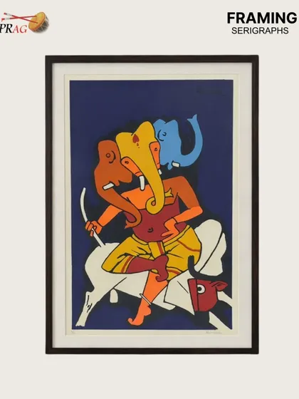 A Ganesha serigraph by M.F. Husain, with a custom frame that respects the artwork's composition and cultural significance.