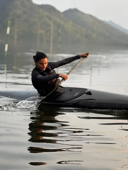 Precision, power, and focus are at the heart of competitive kayaking. Here, one of our national-level athletes trains on the calm waters of Vani Vilas Sagar, honing her skills for the next championship.