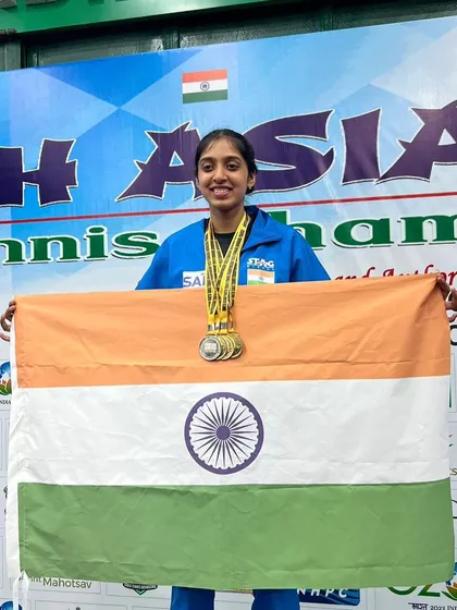 Yashaswini Ghorpade proudly displaying her haul of medals, including three golds and a silver, at the South Asian Youth Table Tennis Championship. Her performance showcases the all-around excellence we cultivate.