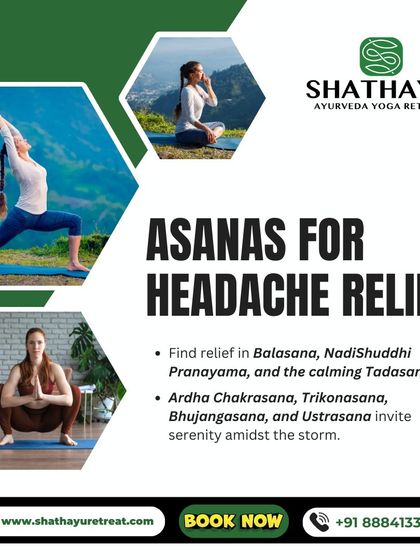 We offer specific yoga sequences to address common ailments. This graphic shows asanas like Balasana and Trikonasana that we recommend for natural headache and migraine relief.