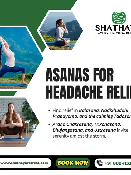 We offer specific yoga sequences to address common ailments. This graphic shows asanas like Balasana and Trikonasana that we recommend for natural headache and migraine relief.