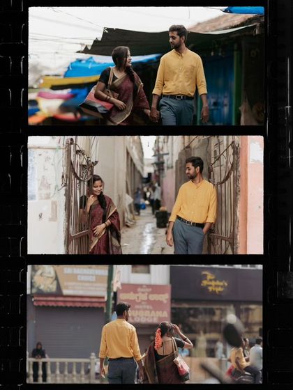 A collage of a couple's vintage-themed pre-wedding shoot, capturing their walk through the old streets of Mysuru.