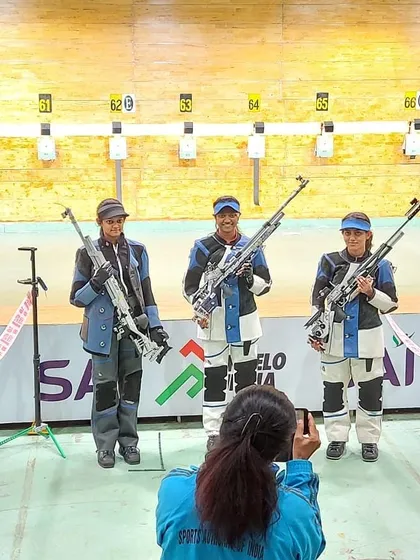 Meghana Sajjanar and fellow shooters at the National Selection trials. She achieved a personal best score and secured a podium finish in the 10m Air Rifle finals.