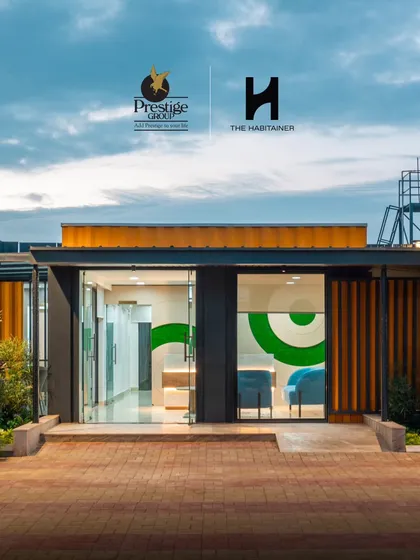 We are proud to partner with leading developers like the Prestige Group. This image shows the entrance to a modern container office we built at Prestige TechZone, highlighting our experience in delivering professional workspaces for top-tier clients.