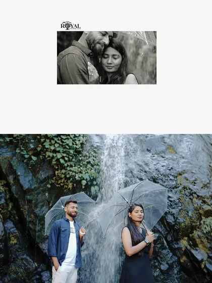 A collage featuring a couple with clear umbrellas in front of a waterfall, creating a romantic, rainy-day feel.