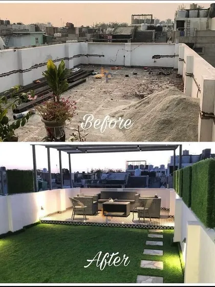 The 'Before and After' is where our work speaks for itself. We turned this empty, unused rooftop into a lush green lawn with a stylish pergola seating area, perfect for relaxing or entertaining.
