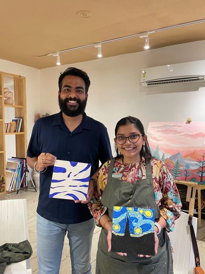 This pair created contrasting yet complementary artworks, one a minimalist design and the other a mini "Starry Night."