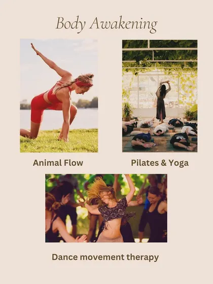 We also offer wellness retreats that go beyond the studio. This graphic shows the variety of activities we include, such as Animal Flow, dance movement therapy, and sound healing, to create a complete mind-body-soul experience.