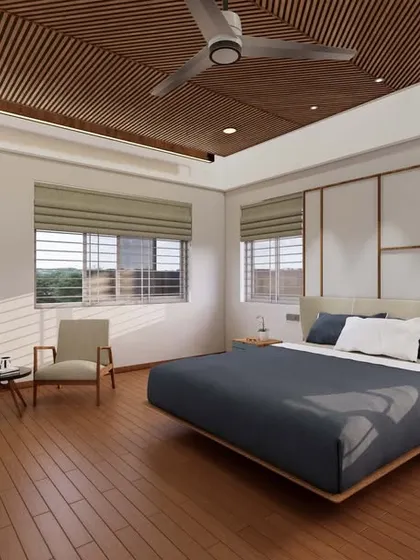 This bedroom render explores a calm aesthetic with a panelled wall, a wooden slatted ceiling, and a serene color palette.