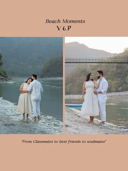 From classmates to soulmates. This collage tells a story, showing the couple enjoying the riverside, from dipping their feet in the water to sharing a quiet moment on the shore.