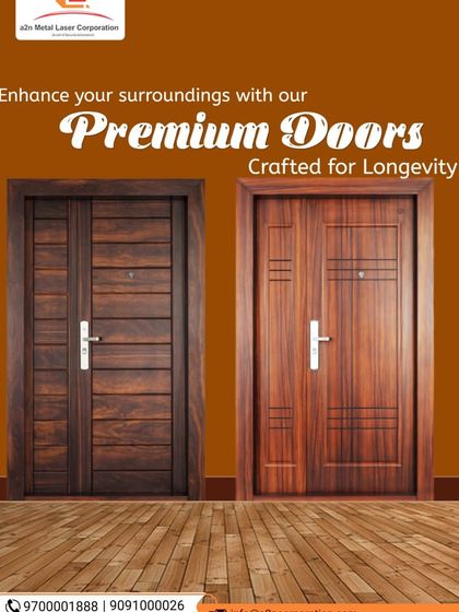 We offer a range of premium doors designed for longevity and style. This image shows two distinct designs, one with a modern horizontal pattern and another with a classic vertical inlay, both showcasing our quality craftsmanship and durable materials.