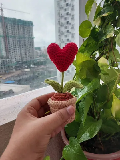 Another view of the Heart Pot, showing its cheerful design against a natural backdrop.