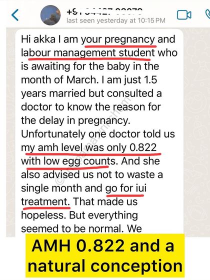 This is the full message from a student who was told her low AMH of 0.822 made her hopeless. She attended my class and conceived naturally.