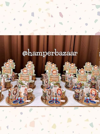 A full view of the 'Simba' baby announcement hampers, all lined up and ready to celebrate baby Rohin.