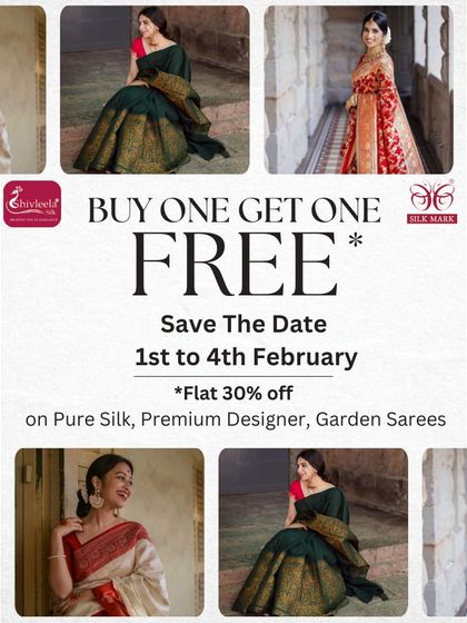 Announcing my 8th Anniversary "Buy One Get One Free" sale, this graphic displays a collage of beautiful sarees available in my store. It's a reminder of the uncompromising quality I offer at unbelievable prices.