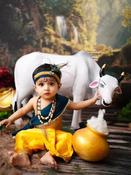 A sweet moment between baby Krishna and his cow. These themed shoots are a wonderful way to celebrate festivals like Janmashtami.