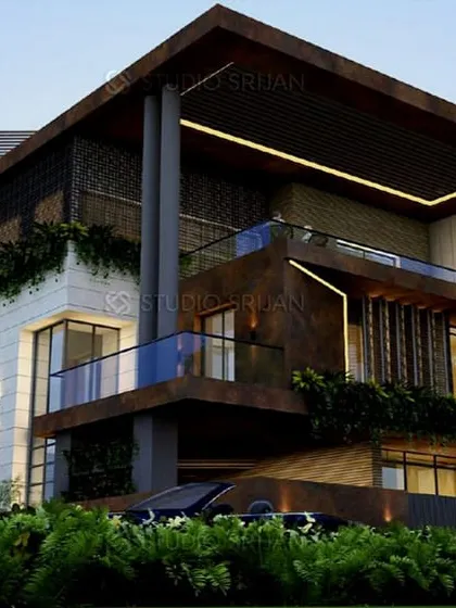 A 570 sq. yard villa designed for a client in Varanasi. The design uses a palette of rusted corten steel and dark stone, creating a bold, earthy, and contemporary statement.
