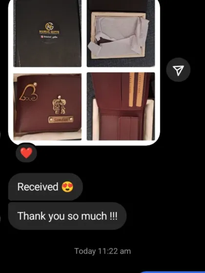 "Received. Thank you so much!!!" A happy customer confirms the delivery of their personalized couple's wallet.