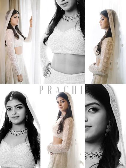 A collage of the bride's portraits in her white lehenga. The mix of color and black and white, along with various poses, creates a comprehensive look at her engagement style.