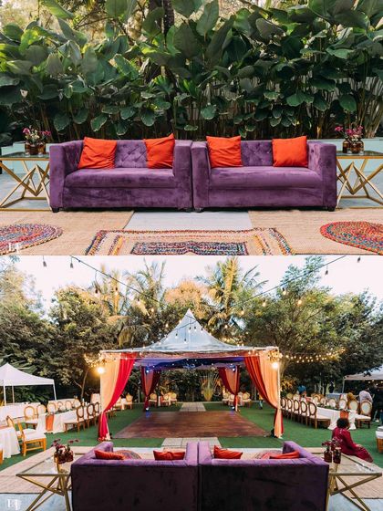 A collage showing a colorful Mehendi or Sangeet setup. The vibrant purple couches and rustic dance floor are perfect for a fun and festive pre-wedding celebration.