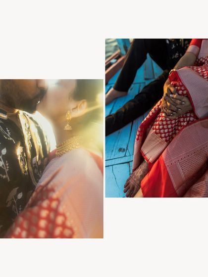 An artistic collage from a pre-wedding shoot on the Ganga. The close-up on the kiss and the detail of their hands create a narrative of intimacy and connection.
