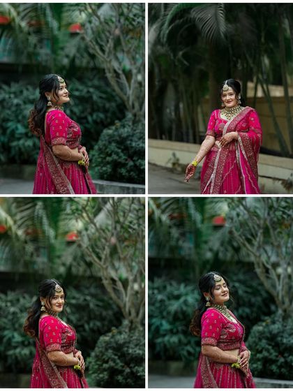 A four-panel collage of the bride's outdoor portraits. The natural green background makes her pink lehenga pop, creating a vibrant and beautiful image.