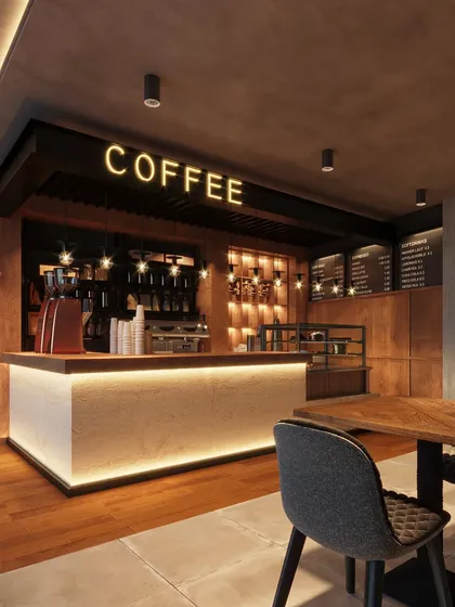 A 3D render for a cozy and modern coffee shop. The design centers around a well-lit service counter to draw customers in, using warm wood tones, focused pendant lighting, and clear branding to create an inviting and memorable neighborhood spot.